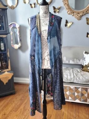 Boho Knit Patchwork Sleeveless Open-Front Long Vest Small
